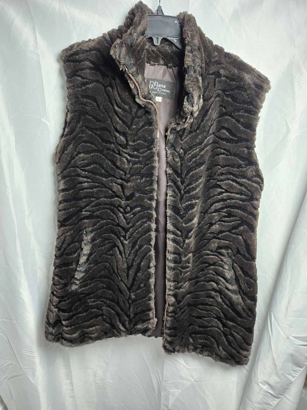 Vintage Brown Faux Fur Zebra-Textured Sleeveless Vest Large